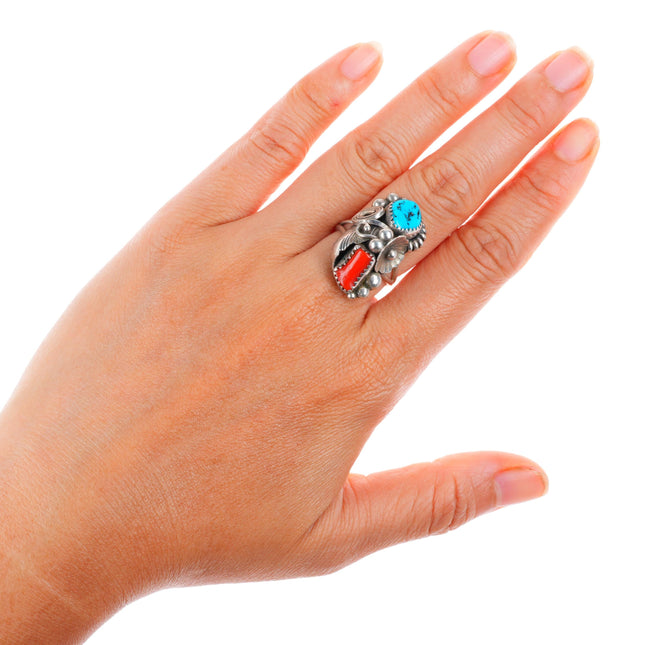 sz7 vintage Navajo sterling silver turquoise and branch coral ring