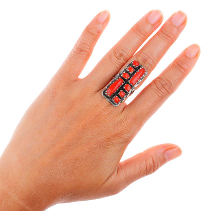 sz7 Alvina Quam Zuni sterling silver carved coral long size 7 ring