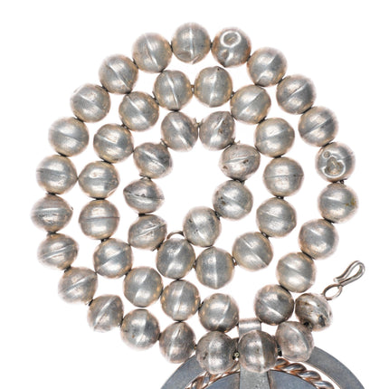 23" Big vintage Navajo sterling silver pearls beaded necklace w/ Turquoise naja