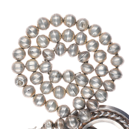 23" Big vintage Navajo sterling silver pearls beaded necklace w/ Turquoise naja