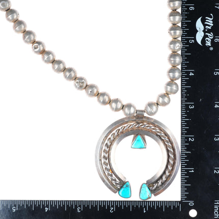 23" Big vintage Navajo sterling silver pearls beaded necklace w/ Turquoise naja