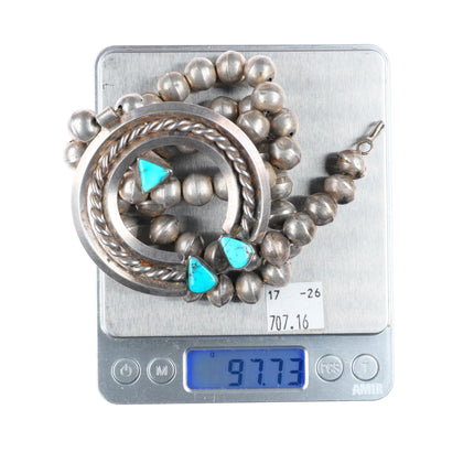 23" Big vintage Navajo sterling silver pearls beaded necklace w/ Turquoise naja