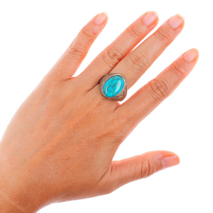 sz10 vintage Navajo sterling silver stamped ring with nice turquoise