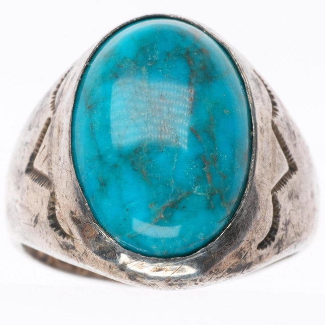 sz10 vintage Navajo sterling silver stamped ring with nice turquoise