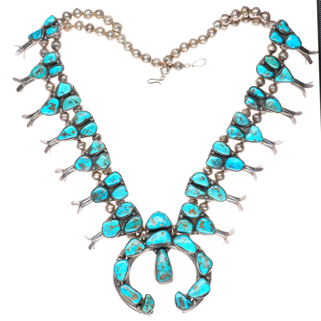c1950's vintage Navajo Squash blossom necklace sterling silver w/ nice turquoise