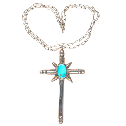 Big vintage Navajo sterling silver cross with turquoise on necklace