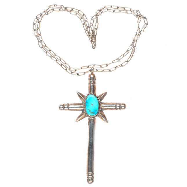 Big vintage Navajo sterling silver cross with turquoise on necklace