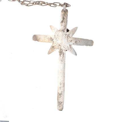 Big vintage Navajo sterling silver cross with turquoise on necklace