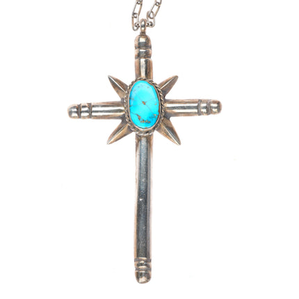 Big vintage Navajo sterling silver cross with turquoise on necklace