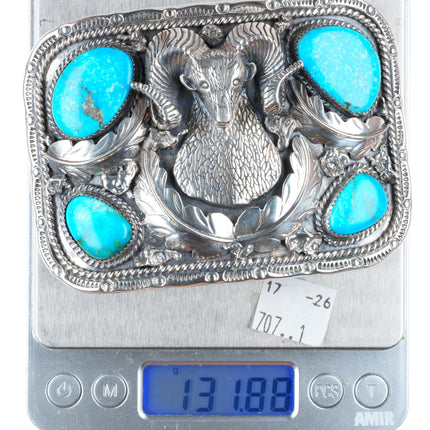 2" Big Vintage Navajo sterling silver Bighorn Sheep/Ram Belt buckle w/turquoise