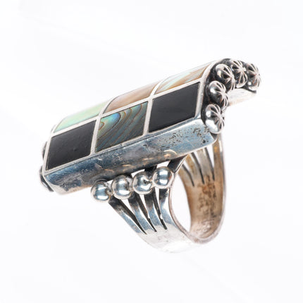 sz10 big vintage Navajo sterling silver, mother of pearl, jet channel inlay ring