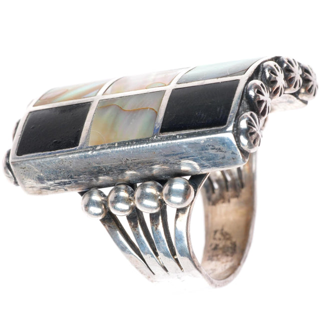 sz10 big vintage Navajo sterling silver, mother of pearl, jet channel inlay ring