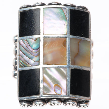 sz10 big vintage Navajo sterling silver, mother of pearl, jet channel inlay ring
