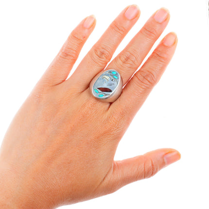 sz12 vintage Zuni sterling silver inlaid eagle men's size 12 ring