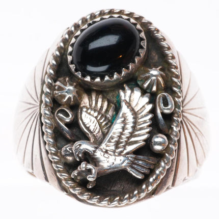 sz12 RB Navajo vintage sterling silver onyx eagle size 12 ring