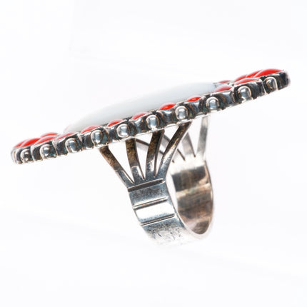sz8 Ernest Roy Begay Navajo sterling silver coral/white buffalo satellite ring