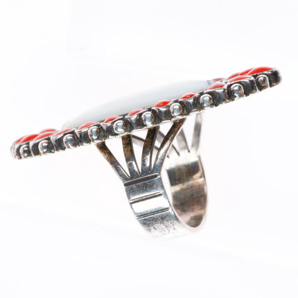 sz8 Ernest Roy Begay Navajo sterling silver coral/white buffalo satellite ring