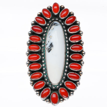 sz8 Ernest Roy Begay Navajo sterling silver coral/white buffalo satellite ring