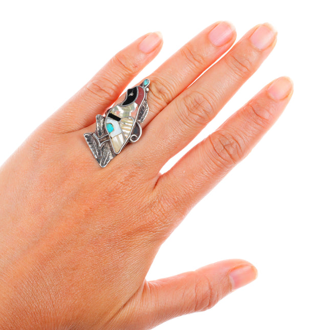 sz5 vintage Zuni sterling silver shell/coral inlay Gambel Quail ring