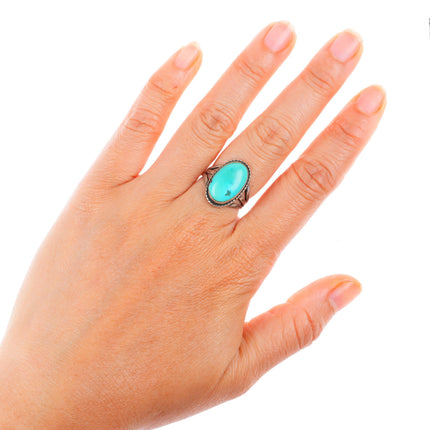 sz7 c1930's Navajo vintage ingot/sterling silver rope bezel ring with turquoise