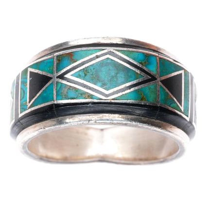 sz12 Juan Willie Navajo Valentin A gem turquoise inlay sterling silver ring