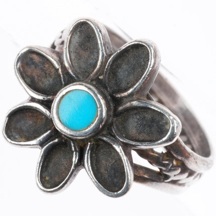 sz7.5 vintage Navajo sterling silver flower form turquoise ring twist shank
