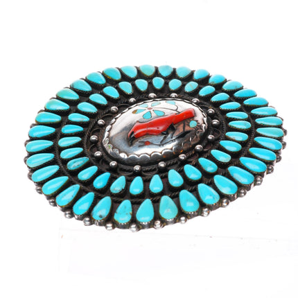 2" Vintage MB Zuni sterling silver redbird turquoise cluster belt buckle
