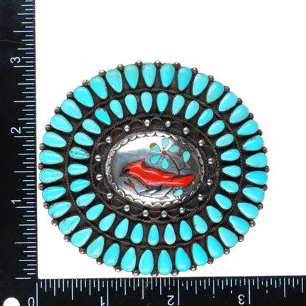 2" Vintage MB Zuni sterling silver redbird turquoise cluster belt buckle