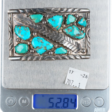 1.5" vintage Wayne Cheama Zuni sterling silver turquoise cluster belt buckle