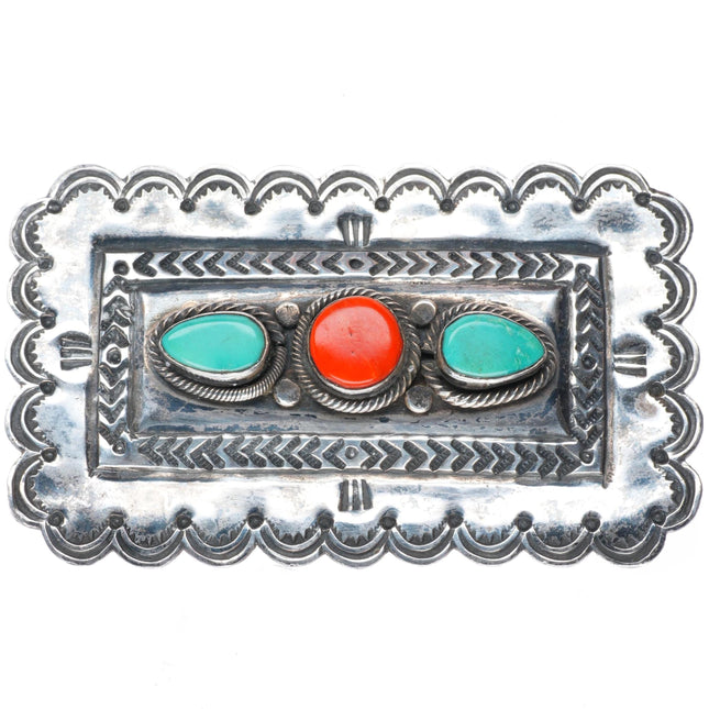 1" Vintage Navajo sterling silver turquoise and coral deep stamped belt buckle