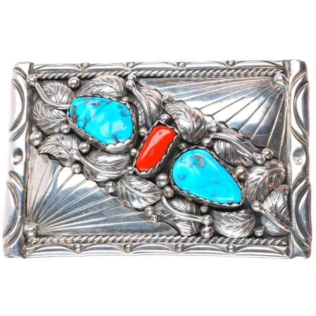 1.5" vintage JB Navajo sterling silver turquoise and coral belt buckle