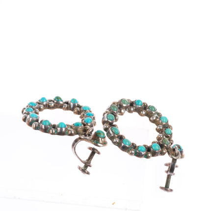 vintage c1940-50's Zuni sterling silver snake eye turquoise dangle hoop earrings