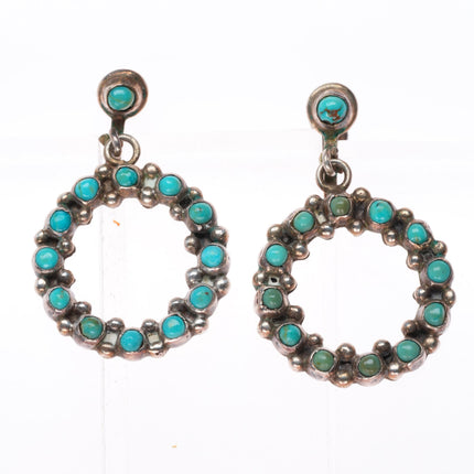 vintage c1940-50's Zuni sterling silver snake eye turquoise dangle hoop earrings