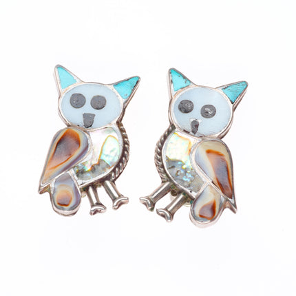 Vintage Zuni sterling silver owl shell/turquoise inlaid clip on earrings