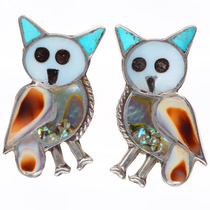 Vintage Zuni sterling silver owl shell/turquoise inlaid clip on earrings