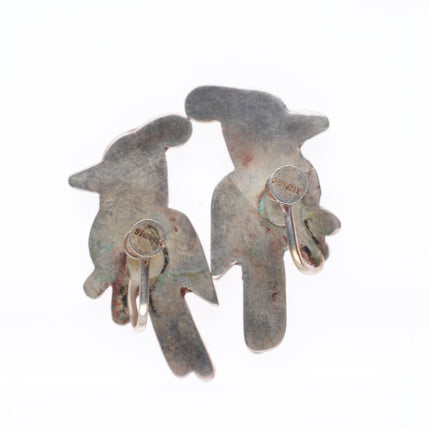 c1950 vintage Zuni sterling silver Red Headed Woodpecker inlaid earrings