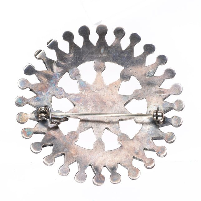 Vintage Dishta Zuni sterling silver turquoise and coral wheel shaped pin/brooch