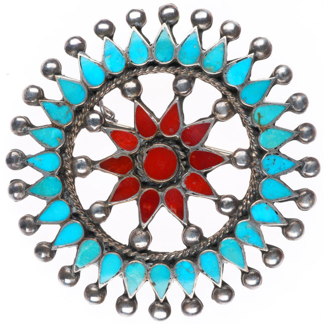 Vintage Dishta Zuni sterling silver turquoise and coral wheel shaped pin/brooch