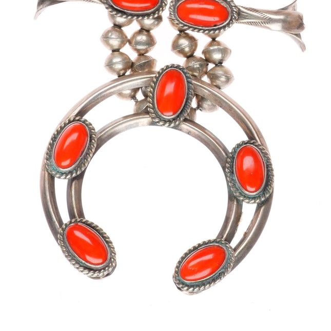 Vintage Navajo sterling silver Mediterranean coral squash blossom necklace