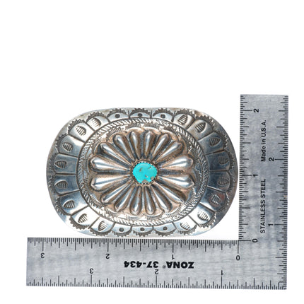 1.5" vintage Navajo sterling silver deep stamped repousse belt buckle turquoise