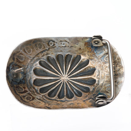 1.5" vintage Navajo sterling silver deep stamped repousse belt buckle turquoise