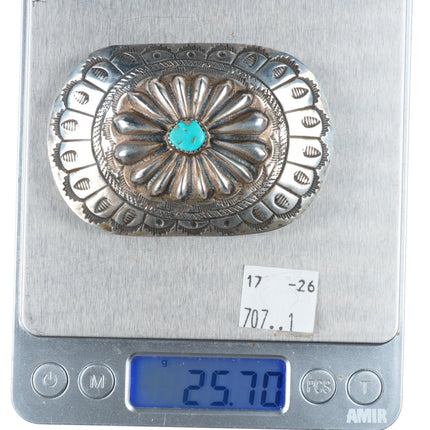 1.5" vintage Navajo sterling silver deep stamped repousse belt buckle turquoise