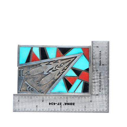 1.5" Robert Vandover Navajo sterling silver turquoise-coral inlay belt buckle