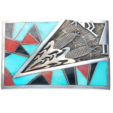 1.5" Robert Vandover Navajo sterling silver turquoise-coral inlay belt buckle