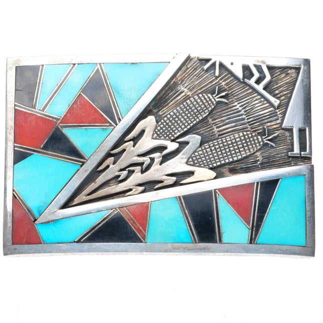 1.5" Robert Vandover Navajo sterling silver turquoise-coral inlay belt buckle