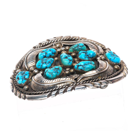 1.75" Vintage KE Navajo sterling silver turquoise feathers belt buckle