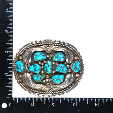 1.75" Vintage KE Navajo sterling silver turquoise feathers belt buckle