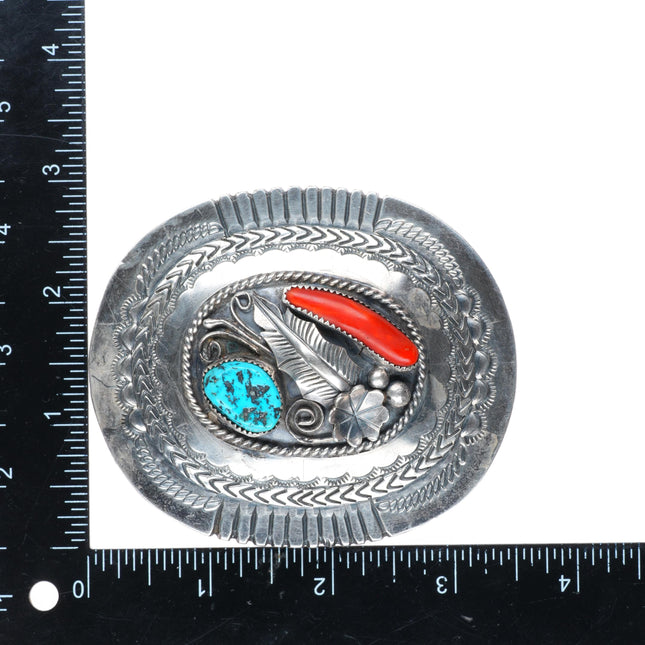 1.75" Vintage Navajo sterling silver turquoise and coral belt buckle
