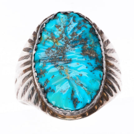sz10 vintage K Zuni sterling silver carved high grade turquoise size 10 ring
