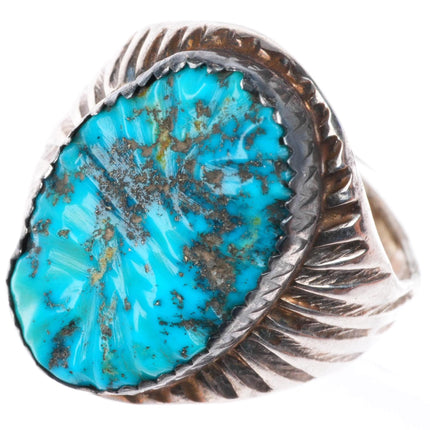 sz10 vintage K Zuni sterling silver carved high grade turquoise size 10 ring